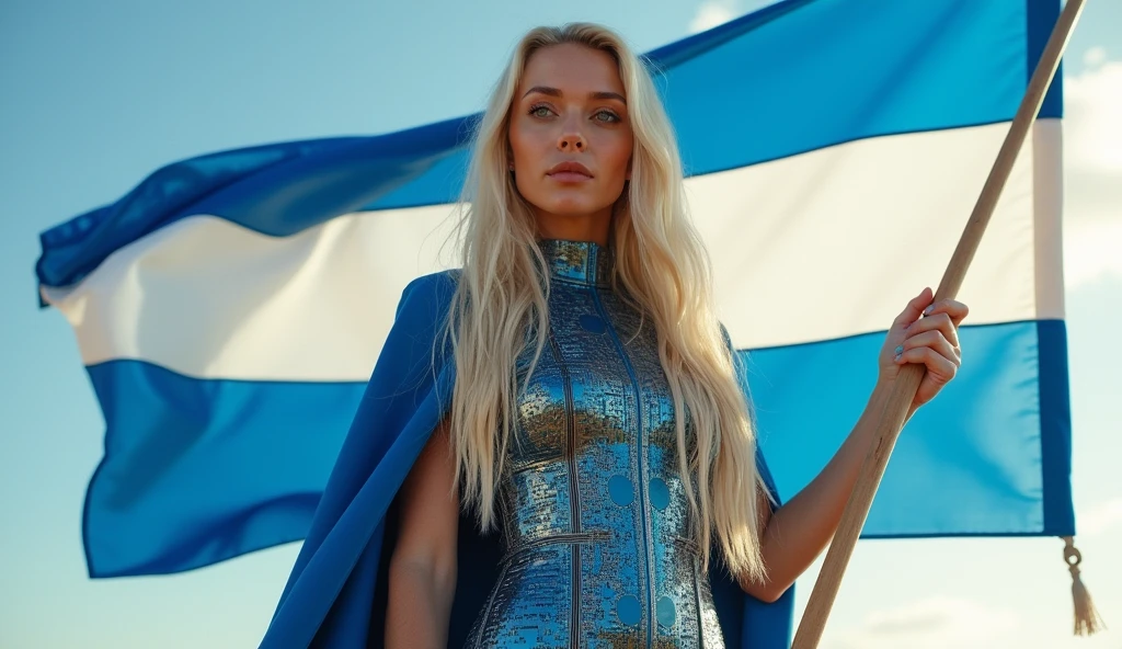 full view of a 30 years old woman, very long blond hair, blue eyes, slim, A woman stands. She holds a large flag with 2 horizontal stripes, one blue and one white, with pride, she wears a futurist dress made from a mix of printed circuit board alloy and a cape.