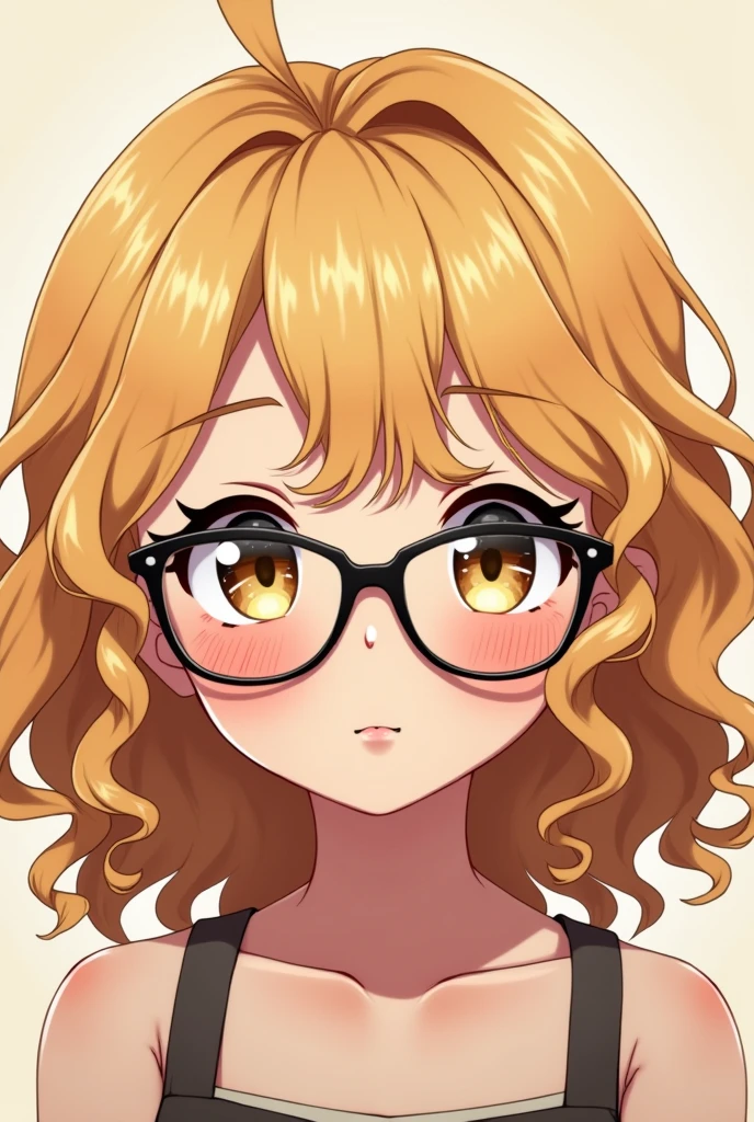 I want an anime, with curly caramel blonde hair, the skin color is also caramel, a little darker than the hair, with glasses