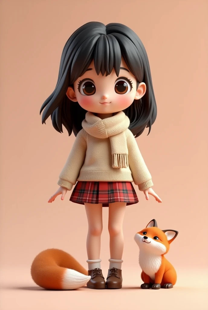 Cute with medium-length dark hair, wearing a short scottish skirt, sweater and a scarf, with near is her feet a fox, 3D Rendering, solid color background, specific, chibi anime, surrealism, cartoon style, full-body shot, super detail, anatomically correct, masterpiece, precise