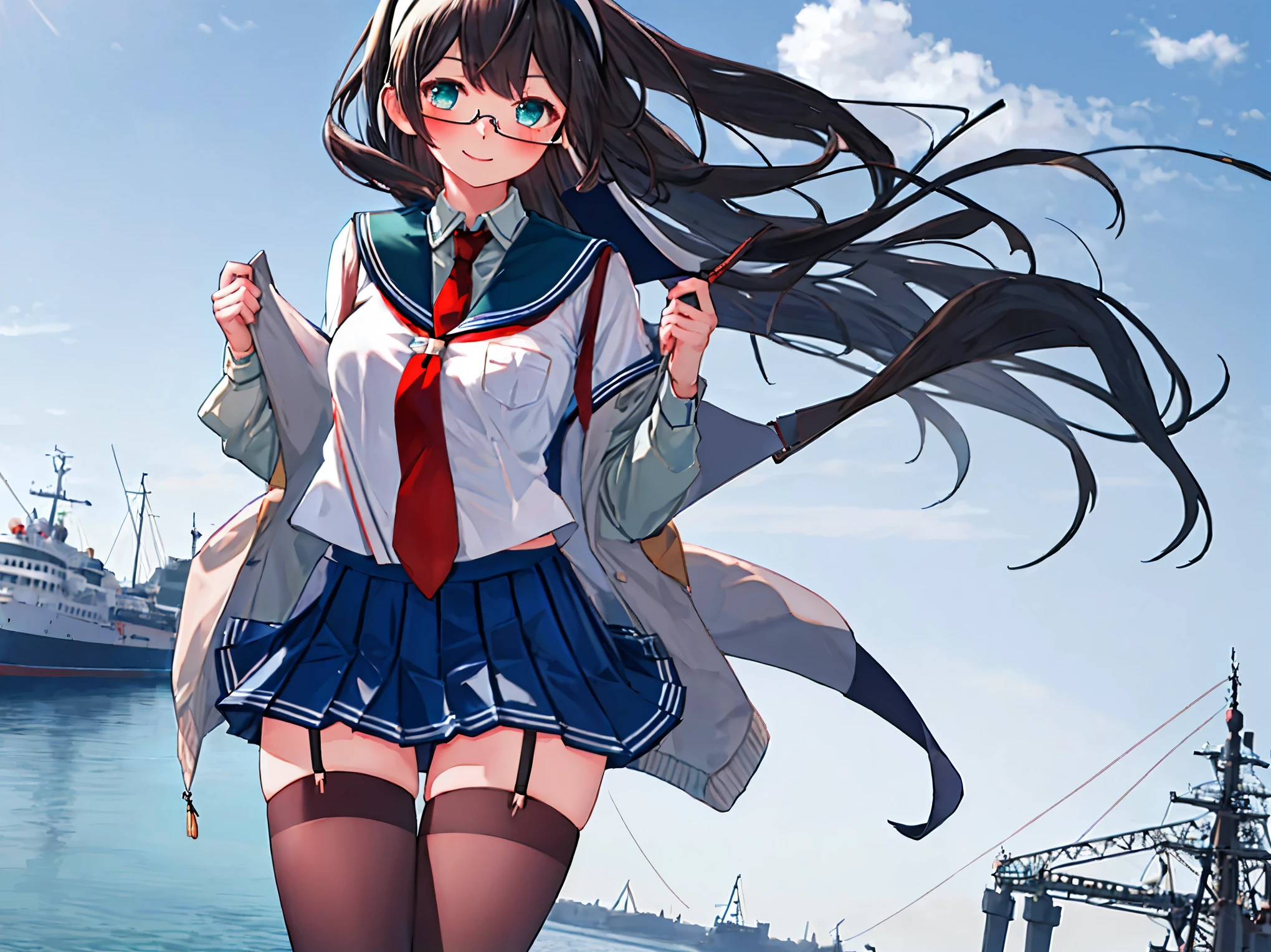 best quality, masterpiece, highres, solo, {ooyodo_kantaicollection:1.15}, black_hair, long_hair, glasses, hairband, semi-rimless_eyewear, under-rim_eyewear, blue_eyes, green_eyes, blush,small_breasts, 1girl, school_uniform, serafuku, pleats_skirt, looking_at_viewer, necktie, harbor_town_background, red_necktie,(angry:0.7),smile,,thigh-highs,solo