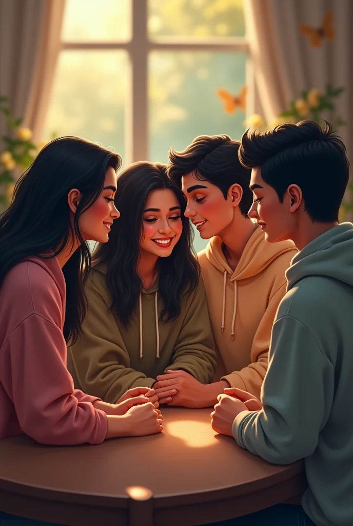 2 indian girl with long black hair and her 2 indian boy friend with medium long hair wearing hoodie and sitting together on table.