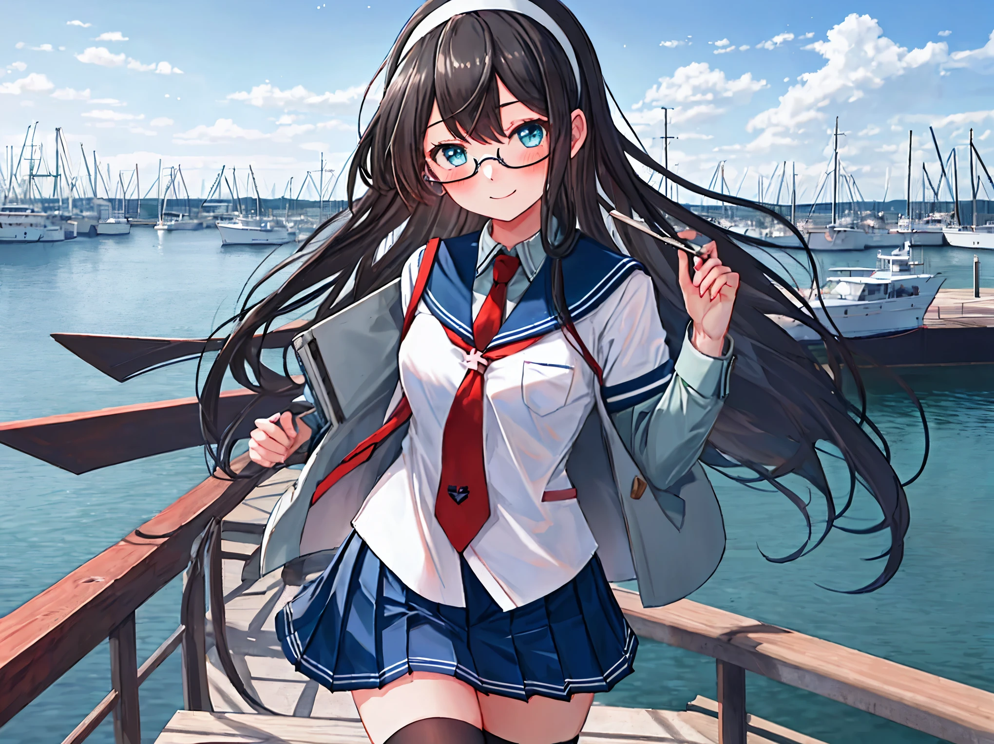 best quality, masterpiece, highres, solo, {ooyodo_kantaicollection:1.15}, black_hair, long_hair, glasses, hairband, semi-rimless_eyewear, under-rim_eyewear, blue_eyes, green_eyes, blush,small_breasts, 1girl, school_uniform, serafuku, pleats_skirt, looking_at_viewer, necktie, harbor_town_background, red_necktie,(angry:0.7),smile,,thigh-highs,solo