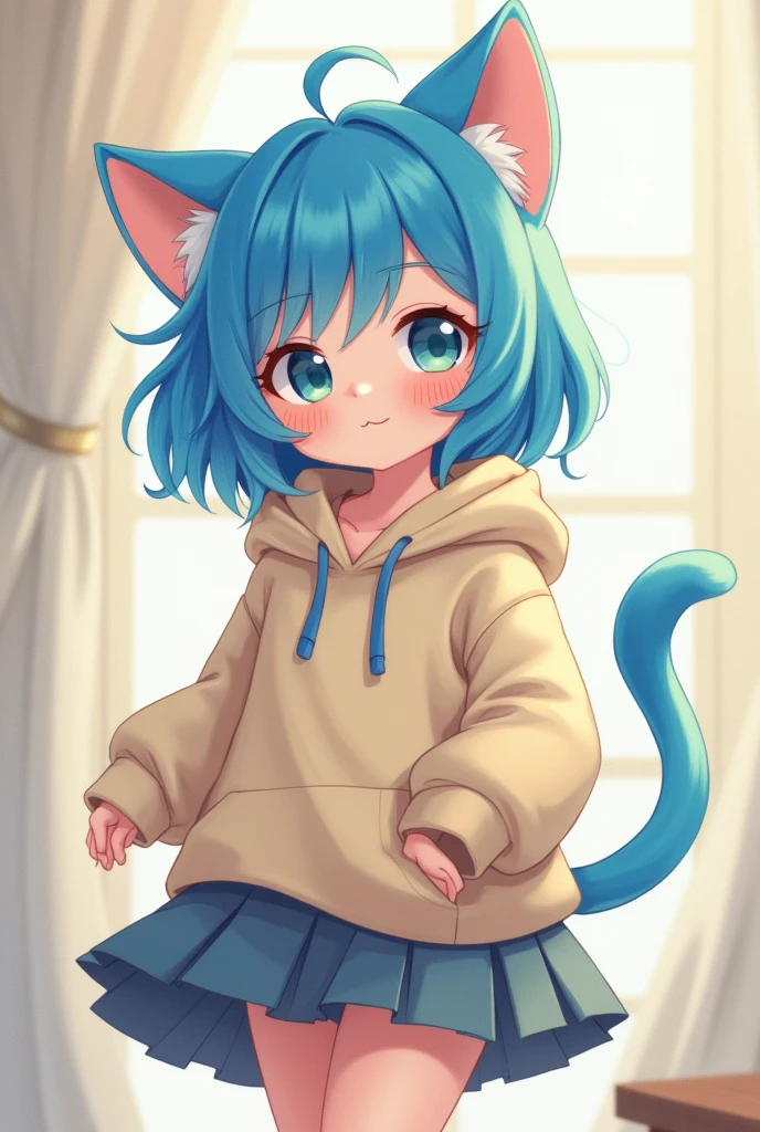 Cat girl with blue medium sized hair in a hoodie and a skirt