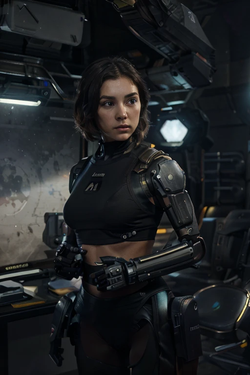 Front view, detailed humanoid chubby woman, android, pale human face, delicate features, short dark brown hair, human torso wearing tank top, spandex shorts, robotic legs and arms, space prison with view of Earth, best quality, 4k, 8k, highres, masterpiece:1.2, ultra-detailed, realistic, photorealistic, photo-realistic:1.37, HDR, UHD, studio lighting, ultra-fine painting, sharp focus, physically-based rendering, extreme detail description, professional, vivid colors, bokeh, sci-fi, concept art