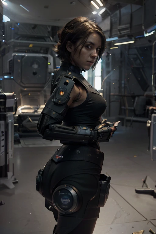 Front view, detailed humanoid chubby woman, android, pale human face, delicate features, short dark brown hair, human torso wearing tank top, spandex shorts, robotic legs and arms, space prison with view of Earth, best quality, 4k, 8k, highres, masterpiece:1.2, ultra-detailed, realistic, photorealistic, photo-realistic:1.37, HDR, UHD, studio lighting, ultra-fine painting, sharp focus, physically-based rendering, extreme detail description, professional, vivid colors, bokeh, sci-fi, concept art