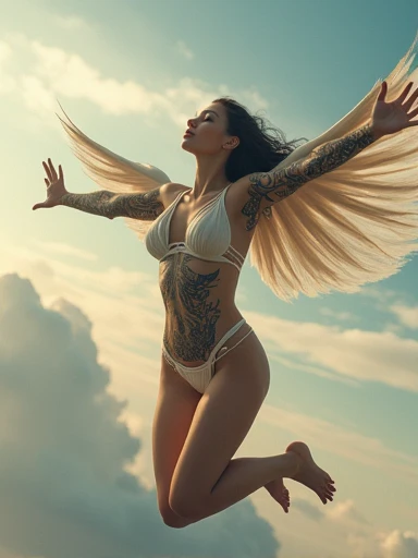 (masterpiece.UHD.photorealistic) an ultra hot gorgeous swedish woman.age 23.   Voluptuous hourglass body. Gorgeous face.epic cleavage. (100 DD SIZE) flying naked high above the ground tribal tattoos and shredded outfit. Perfect hands. Perfect fingers. She flies through the sky, arms outstretched at her sides 