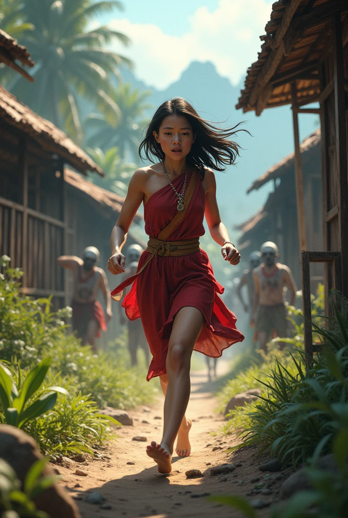 A female survivor wearing a Thai dress is running away from zombies in Thailand. The image shows Thai houses.