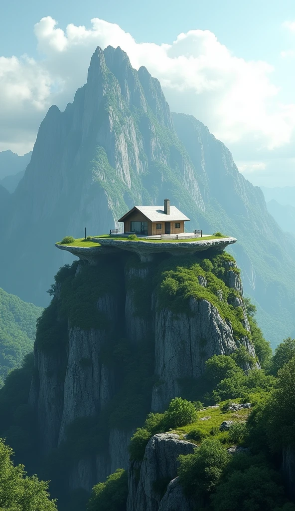 There is a flat and wide mountain and a house on top of it.