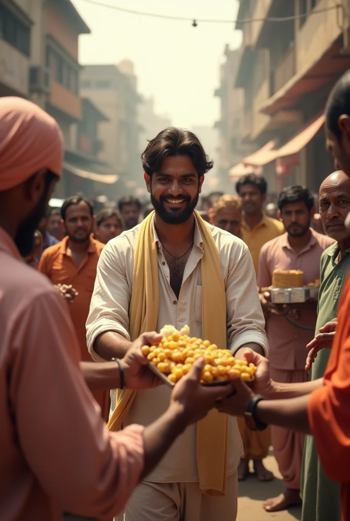 A kind hearted good looking educated common man distributing food and other articles to the people. Indian. 