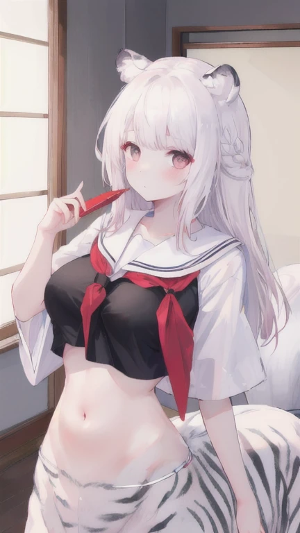 (best quality, masterpiece), 1 girl, centaur, I beg, White skin, Japanese schoolgirl,daughter,black pink, exposing the abdomen, belly button t-shirt , beautiful girl perfect, White tiger photo, 완벽한 White tiger photo