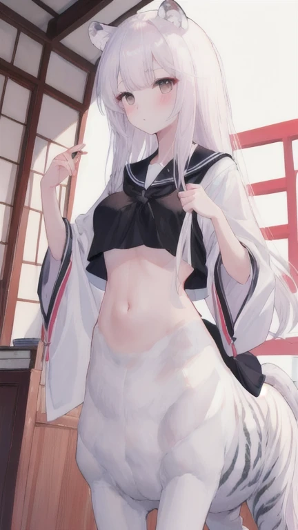 (best quality, masterpiece), 1 girl, centaur, I beg, White skin, Japanese schoolgirl,daughter,black pink, exposing the abdomen, belly button t-shirt , beautiful girl perfect, White tiger photo, 완벽한 White tiger photo