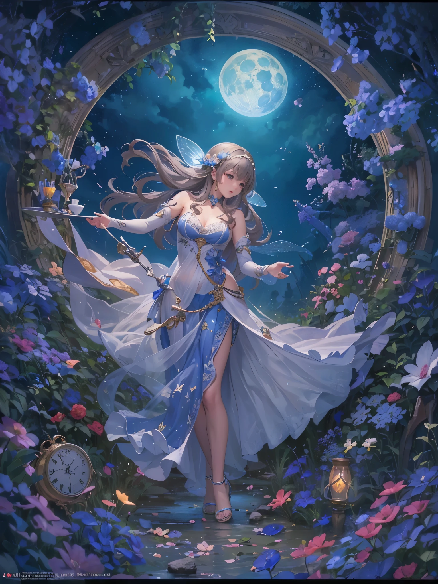 ((Highest quality)),(Ultra-high resolution),(Super detailed),(Detailed Description),((The best CG)),(masterpiece),Highly detailed art,(Art with precise detail:1.5), Blue Moon, Fairy Dance, A legend from long ago,