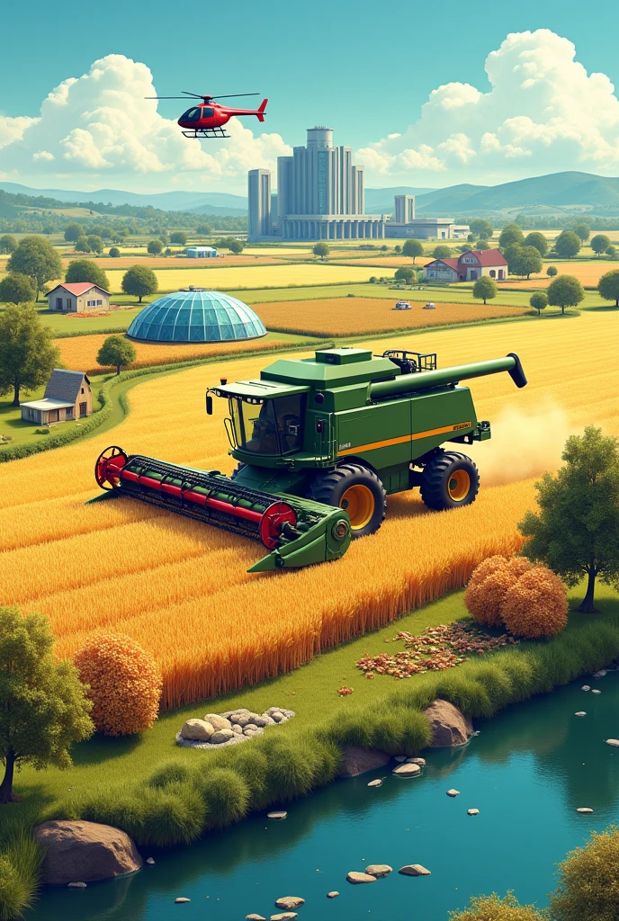 write boldly "Sime PLC..." at the bottom, combine harvester on a huge farm land, a building on a far behind, a helicopter,cars and A Home close to the land ,different kind of farm products on th land, a shade made of glass on the land,a river on the side