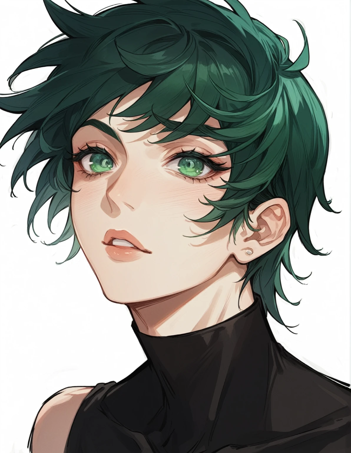1womanl, beautiful woman, アニメ, ((intrikate)), dramatic lighting, olhos super detaildeds, detailded, work of art, short green hair, hair green, female focus, adolescent, bonitas, tall and beautiful guy, sexy look, villain, olhar malicioso, greeneyes