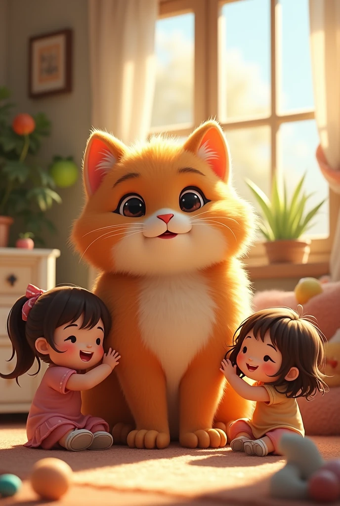 A furry hair cat with kids