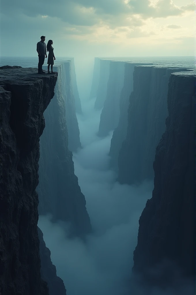"Nandini and Rajesh standing at the edge of a deep chasm, peering down with a mixture of awe and fear as the abyss stretches below them."