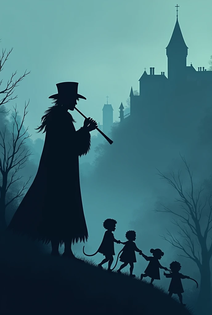 "Minimalist silhouette art inspired by Olly Moss, depicting a dark, eerie scene from The Pied Piper of
Hamelin.' The image is divided into two sections: in the first third, the Pied Piper stands in the
foreground, playing his flute, his silhouette tall and commanding. His cloak billows ominously, and
shadows partially obscure his face. In the background, the silhouette of the town of Hamelin is
visible, with its buildings casting long shadows. A stream of children follows the Piper, their small
silhouettes moving towards the town. The scene is tinted in deep, moody blues, with subtle elements
suggesting the presence of rats such as faint rat silhouettes hidden in the shadows or the outlines
of rat tails intertwining with the children. The overall atmosphere is one of unease, with the contrast
between the dark figures and the muted blue tones emphasizing the haunting nature of the story."