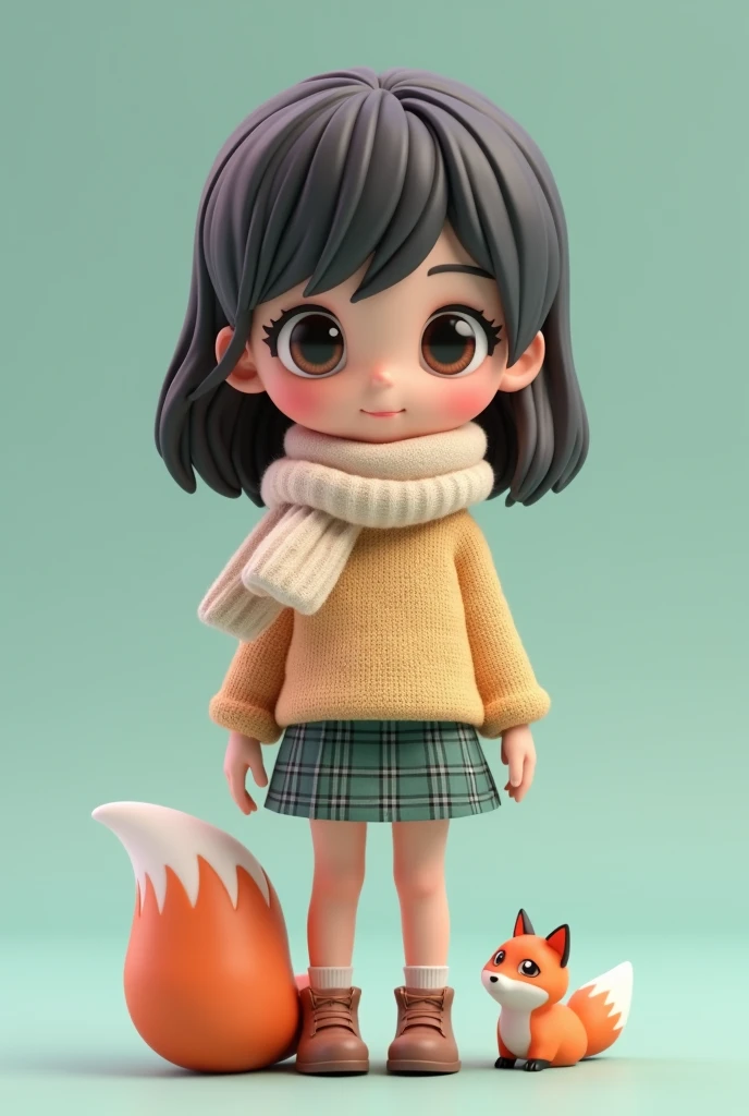 Cute with medium-length dark hair, wearing a short scottish skirt, sweater and a scarf, with near is her feet a fox, 3D Rendering, solid color background, specific, chibi anime, surrealism, cartoon style, full-body shot, super detail, anatomically correct, masterpiece, precise