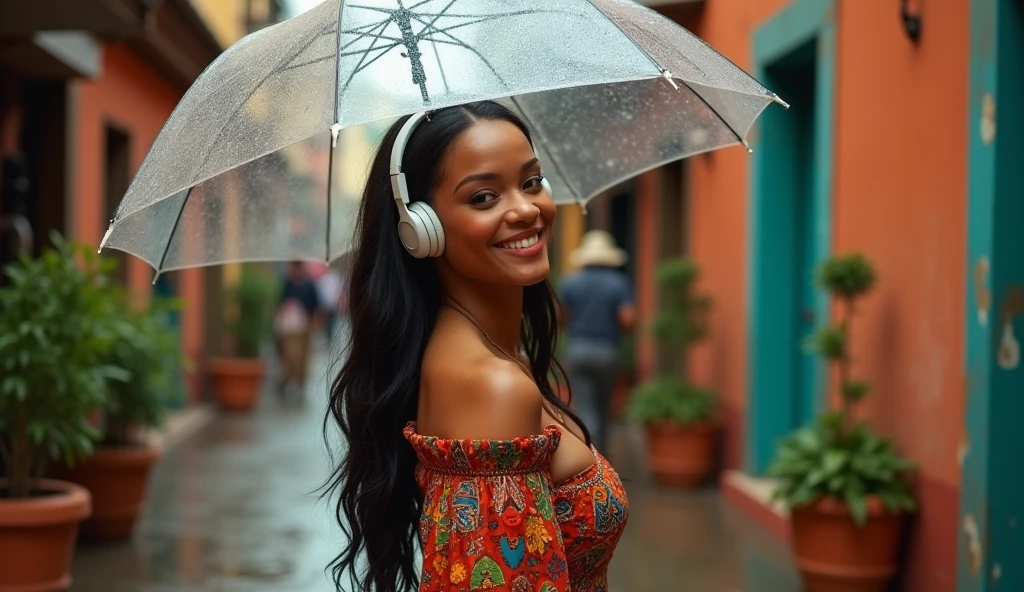 High dynamic range HDR photography of a 30-year-old Rihanna look alike woman with smooth, golden-brown skin and dark, long black hair, she has a headphone on her head and is enjoying the music. Holding up an umbrella in the rain.her bright brown eyes sparkling with warmth, her full lips curled into a gentle smile, wearing a vibrant, flowy sundress with intricate patterns and colors that reflect her cultural heritage, set against a bustling, sun-kissed backdrop of a lively Latin American market, with hints of warm terracotta and cool turquoise in the architecture, and lush greenery spilling from ornate planters, the camera capturing the scene with remarkable depth and detail, from the wisps of hair framing her face to the delicate textures of the stucco walls, the overall mood evoking a sense of joy, vitality, and cultural pride.
