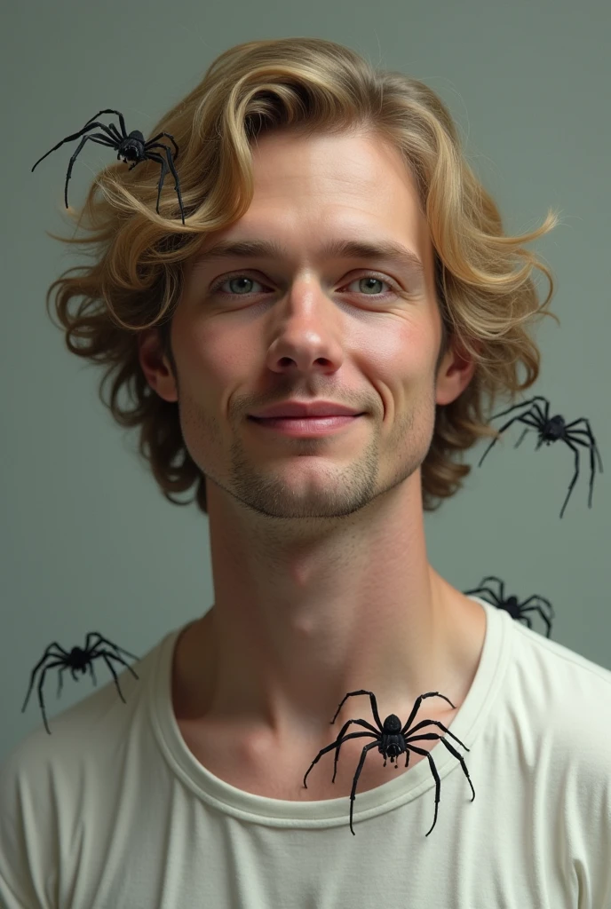 Henry Creel from Stranger things,tall man with pale blue eyes, blond wavy hair,in white shirt...looks.happy with spiders