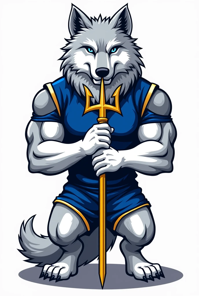 A DRAWING OF A MUSCULOUS WOLF HOLDING A PSYCHOLOGY TRIDENT, THE WOLF MUST BE WHITE AND GREY, WITH AN IMPOSING POSTURE AND A FIERCE LOOK, BLUE CLOTHES AND GOLDEN TRIDENT, MASCOT FOR UNIVERSITY ATHLETIC SCHOOL