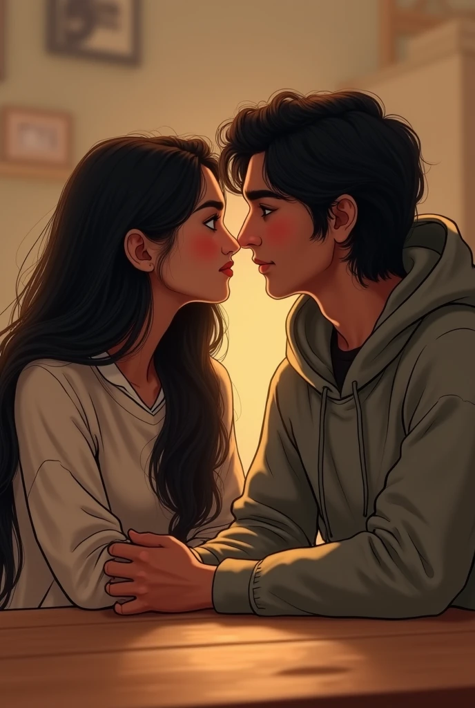 A 2 indian girl with long black hair and her 2 indian boy friend with medium long hair wearing hoodie and sitting together on table.