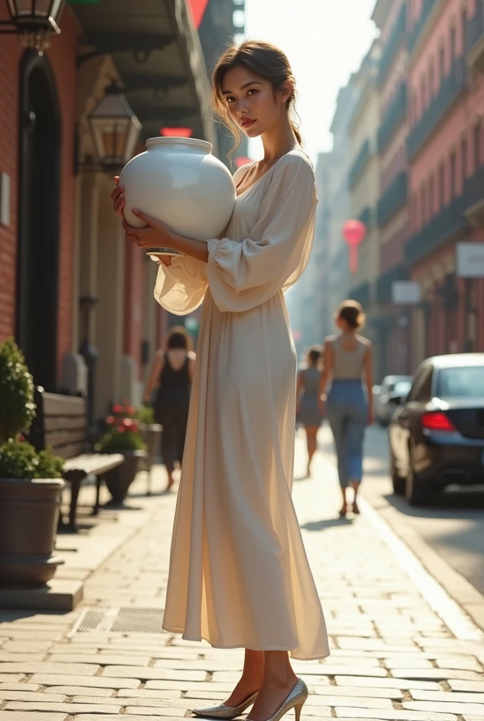 Realistic woman holding a white pot on the street