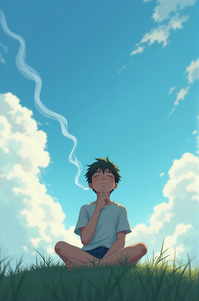 The boy sat with his face up to the sky smoking.