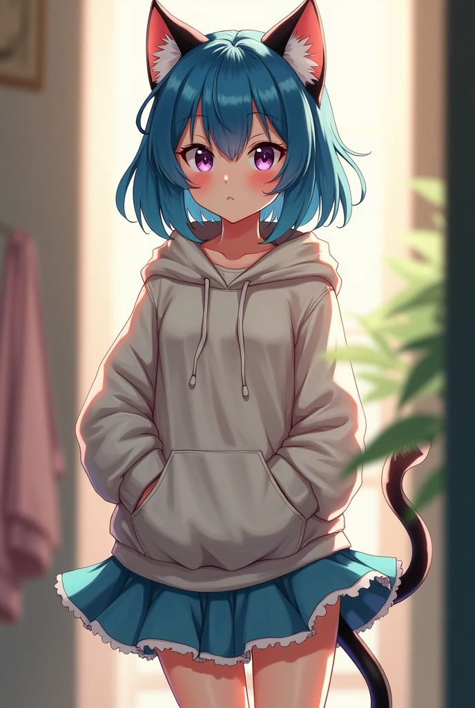 Cat girl in her teenage years with blue medium sized hair in a hoodie and a skirt 