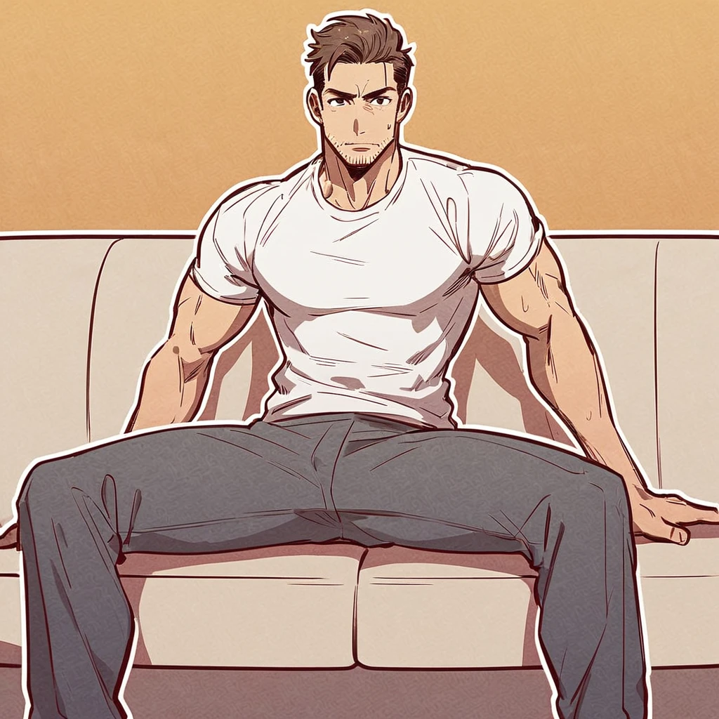 A muscular man in his 40s, tall, skinny but muscular, brown clean hair, handsome, stubble, sitting on a couch, legs spread far apart, wearing a white tshirt and gray sweat pants that outlines his long cock.