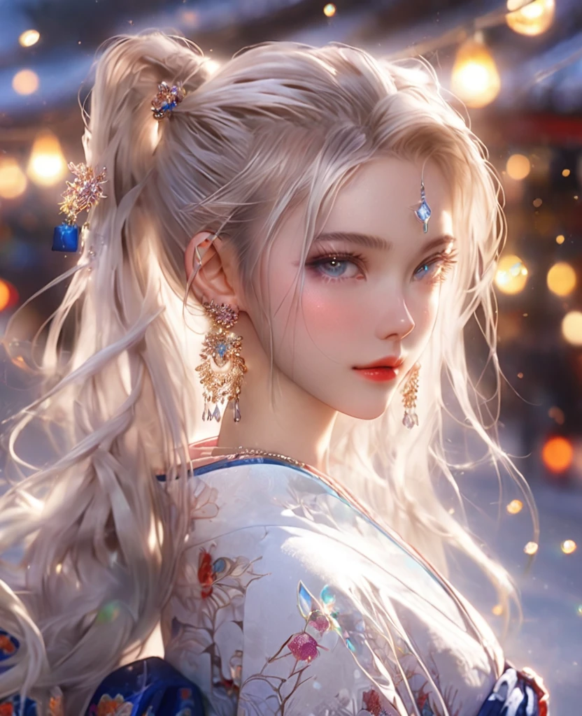 8K,an extremely delicate and beautiful,Beautiful and realistic skin,full body,Shiny jewel-like earrings,like glitter white hair,beautiful blue eyes,jeans,asian cute girl