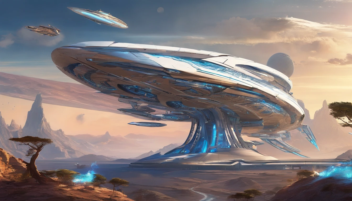 Leonardo Da Vinci-inspired sci-fi concept art. Widescreen shot. A futuristic royalpunk sneakers shaped starship with blue diamond nacelles and intricate details zooms through space. Steampunk-infused digital art style with metallic surfaces and detailed textures. A 1974 Winnebago is at the zenith, of the starship, to be the bridge, and it's elongated. 750 UHD 4D resolution wide-angle.