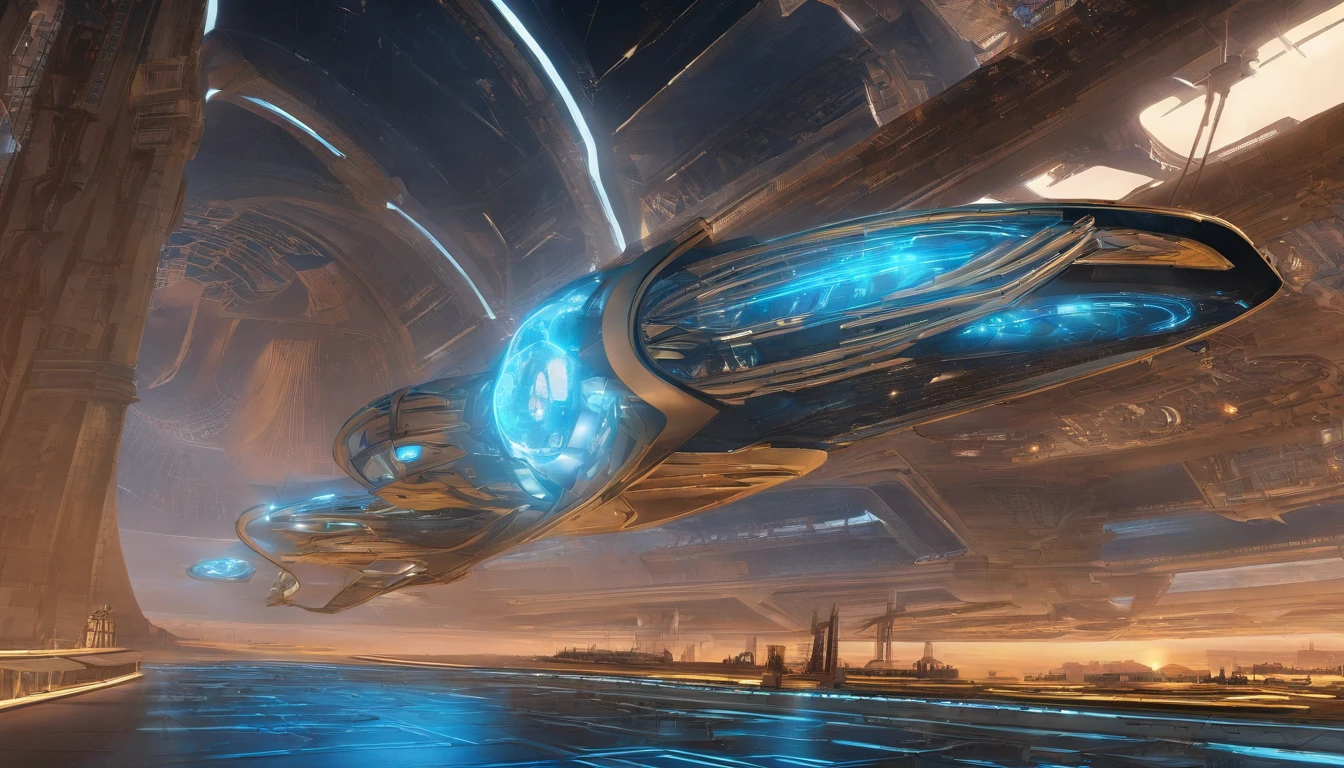 Leonardo Da Vinci-inspired sci-fi concept art. Widescreen shot. A futuristic royalpunk sneakers shaped starship with blue diamond nacelles and intricate details zooms through space. Steampunk-infused digital art style with metallic surfaces and detailed textures. A 1974 Winnebago is at the zenith, of the starship, to be the bridge, and it's elongated. 750 UHD 4D resolution wide-angle.
