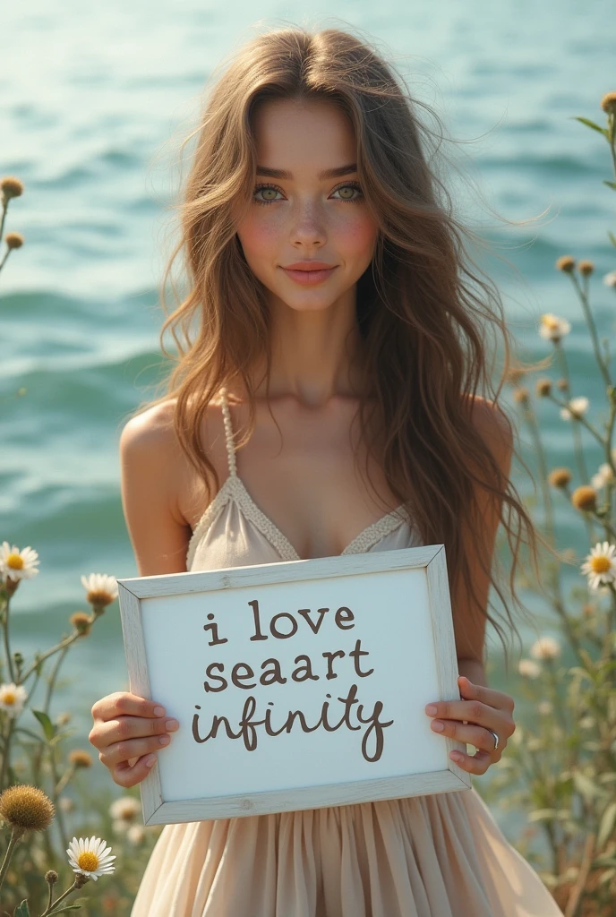 Beautiful girl with wavy long hair, bohemian dress, holding a white board with text "I Love Seaart Infinity" and showing it to the viewer