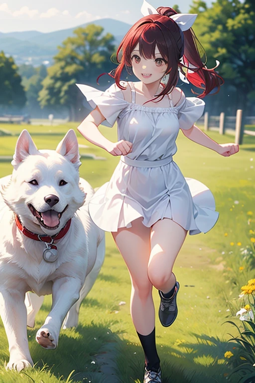 (((1 female))),BREAK(((One white dog))),((Running side by side)),white sundress,mini skirt,Black Hair,Long Hair、Long Ponytail、Red hair ribbon,smile,grassland,Female Focus