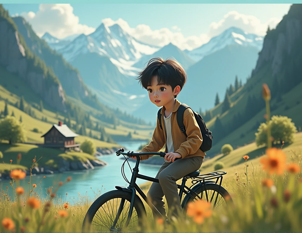 a lonely boy riding a bicycle in the mountains, a river flowing nearby, a small house in the background, detailed facial features, (best quality,4k,8k,highres,masterpiece:1.2),ultra-detailed,(realistic,photorealistic,photo-realistic:1.37),landscape,beautiful detailed eyes,beautiful detailed lips,extremely detailed eyes and face,longeyelashes,detailed clothing, peaceful atmosphere,warm color tones,natural lighting,vibrant colors