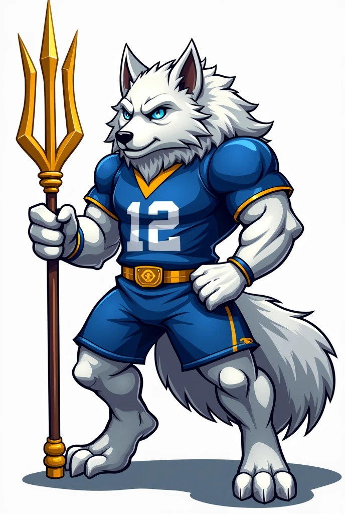 A DRAWING OF A MUSCULOUS WOLF HOLDING A PSYCHOLOGY TRIDENT, THE WOLF MUST BE WHITE AND GREY, WITH AN IMPOSING POSTURE AND A FIERCE LOOK, BLUE CLOTHES AND GOLDEN TRIDENT, MASCOT FOR UNIVERSITY ATHLETIC SCHOOL