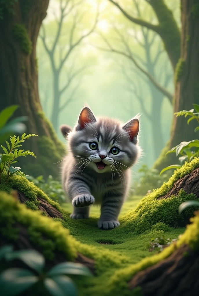 grey kitty playing in the green beautiful forest with lots of moss he’s happy and looks very cute