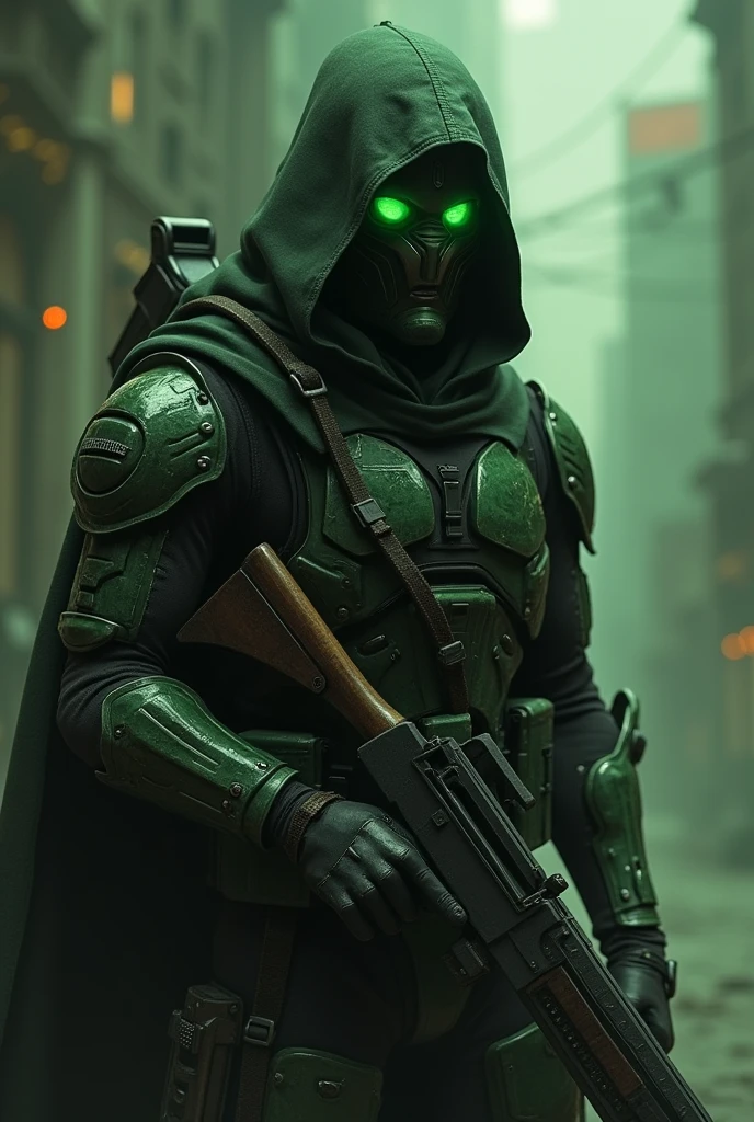 Create a male green eyed character, holding a weapon like in cs go2 . will be used as profile