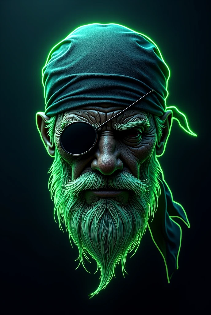 Pirat head,neon green outlines,fantasy stil,black Background ,bandana,eye patch