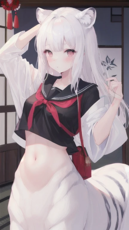 (best quality, masterpiece), 1 girl, centaur, I beg, White skin, Japanese schoolgirl,daughter,black pink, exposing the abdomen, belly button t-shirt , beautiful girl perfect, White tiger photo, 완벽한 White tiger photo