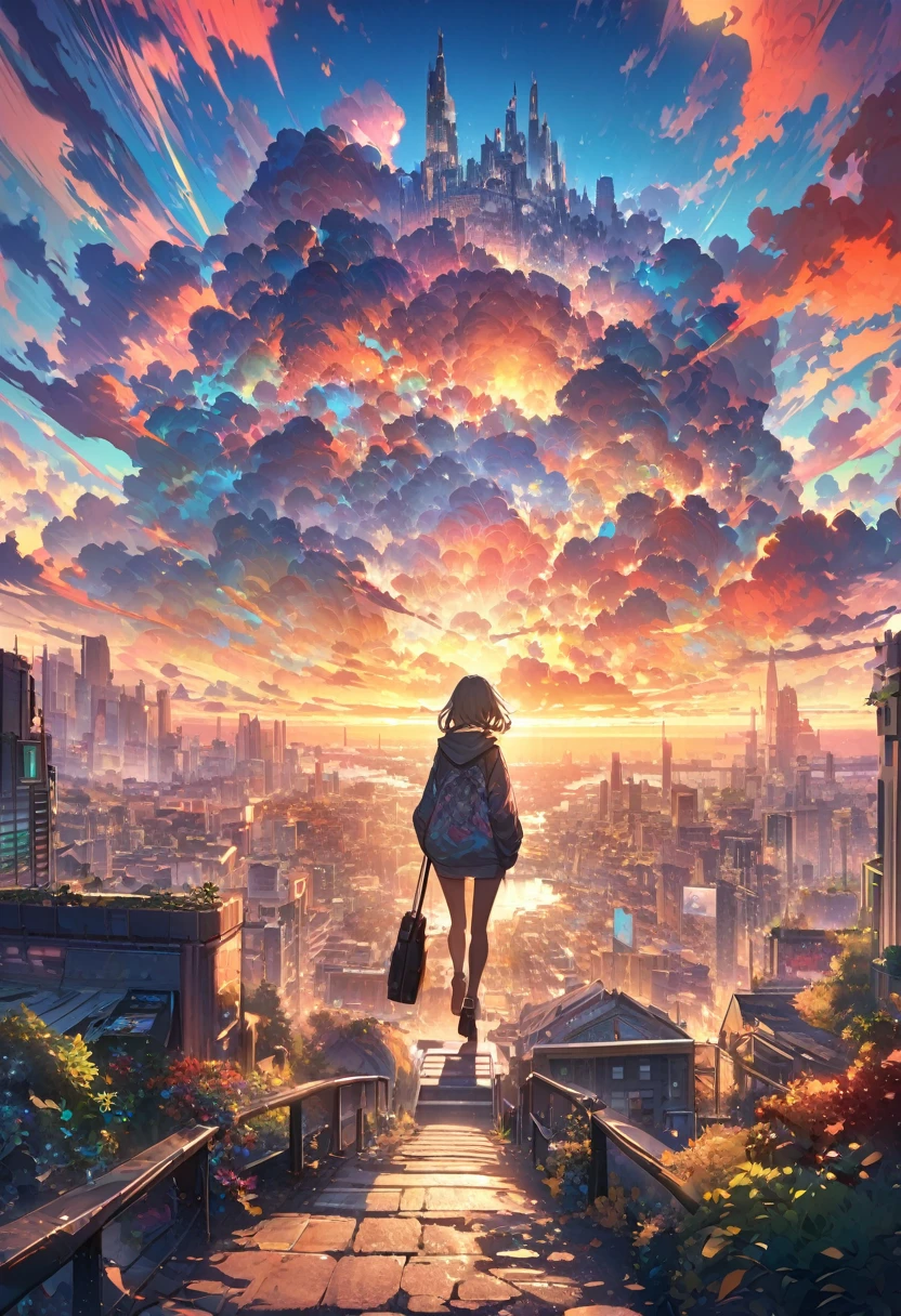 Create exquisite illustrations reminiscent of Makoto Shinkai's style, It has ultra-fine details and top-notch quality. angelic, detailed woman who is walking, woman wearing hoodie, highest billding in city, road, sunrise, horizon, skyline, in the sky, city of clouds, colorful, high-res, 8K