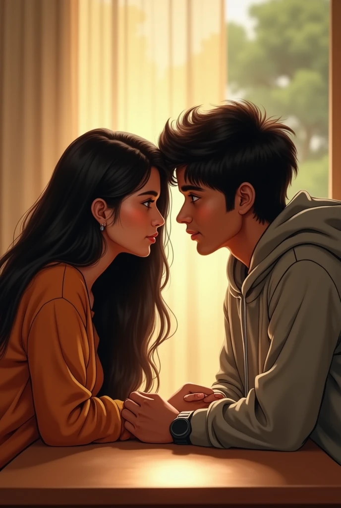 A 2 indian girl with long black hair and her 2 indian boy friend with medium long hair wearing hoodie and sitting together on table.