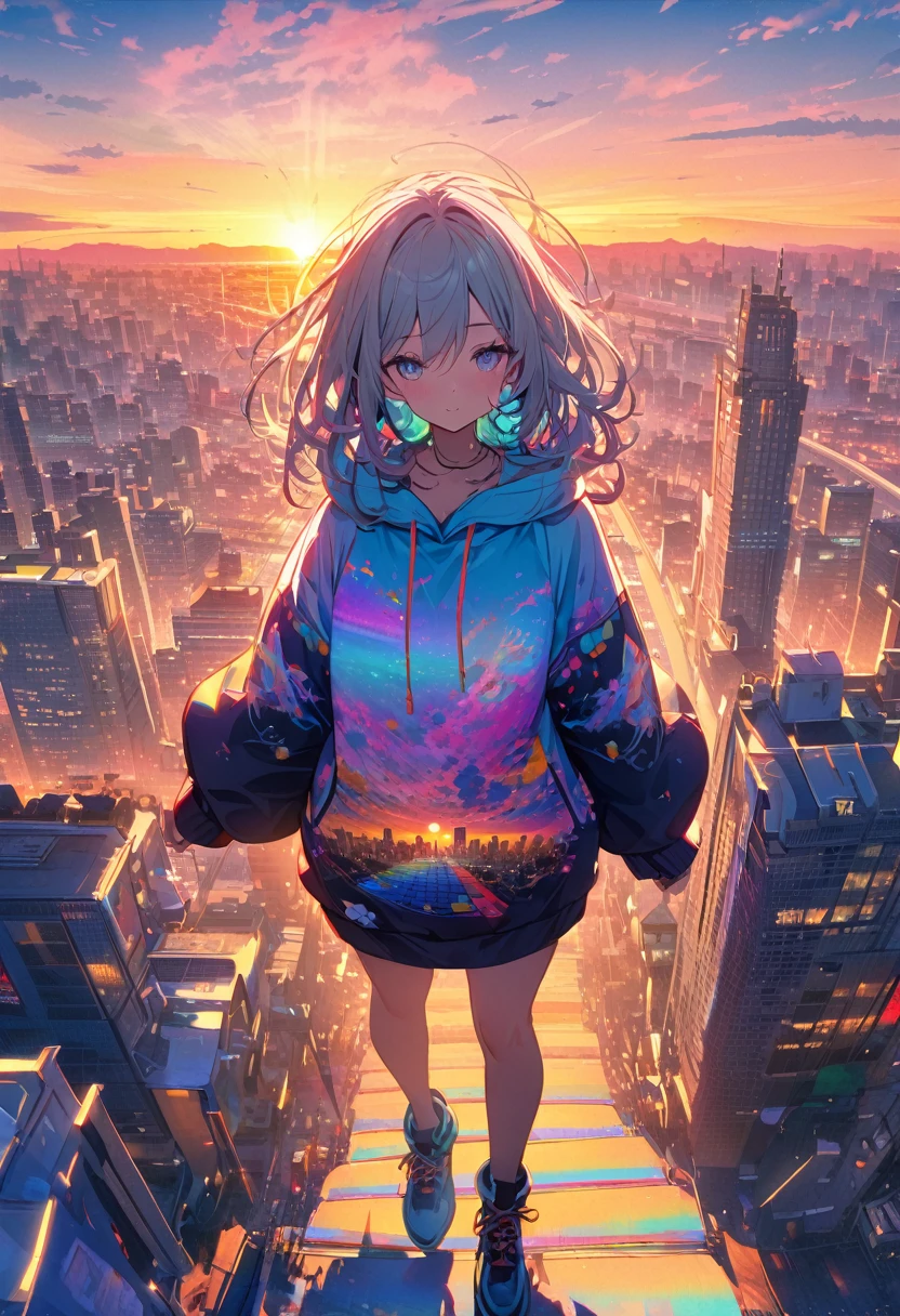 angelic, detailed woman who is walking, woman wearing hoodie, highest billding in city, road, sunrise, horizon, skyline, in the sky, city of clouds, colorful, high-res, 8K