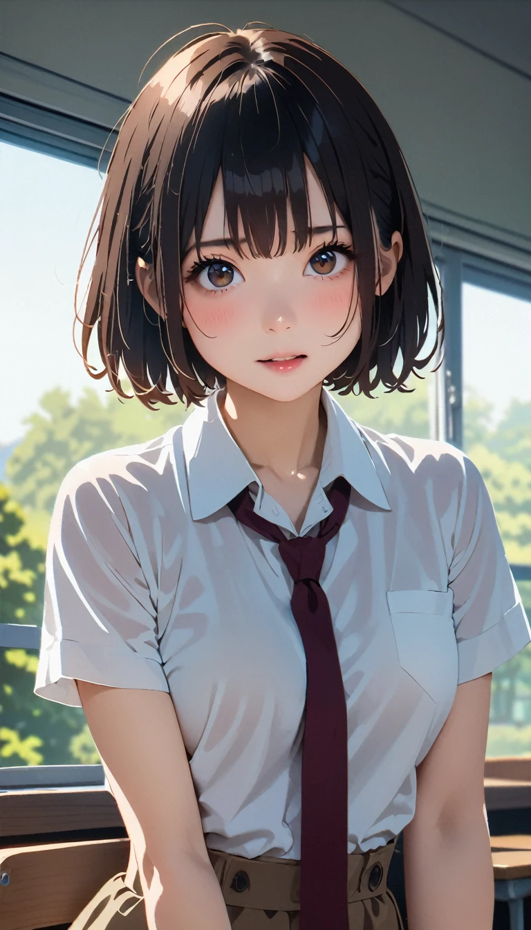 nsfw, (masterpiece, Highest quality:1.2), 1 person, alone、(Tabletop, Highest quality:1.2), 8k, 1, 85mm, Official Art, RAW Photos, Absurd, Large Breasts、bikini, Cute Face, close, Upper Body, Viola Lace, Gardenia, beautiful girl, (Dark red tie:1.1)、 Cinch waist, Thighs, Short sleeve, classroom, ponytail、short hair、short hair、sit on bench seat, Looking at the audience, No makeup, (smile:0.4), Film Grain, chromatic aberration, Sharp focus, Face Light, Bright lighting, Teen, Detailed face, ((Background blur,日本の学校のclassroom、classroom、Cherry tree seen from the window))