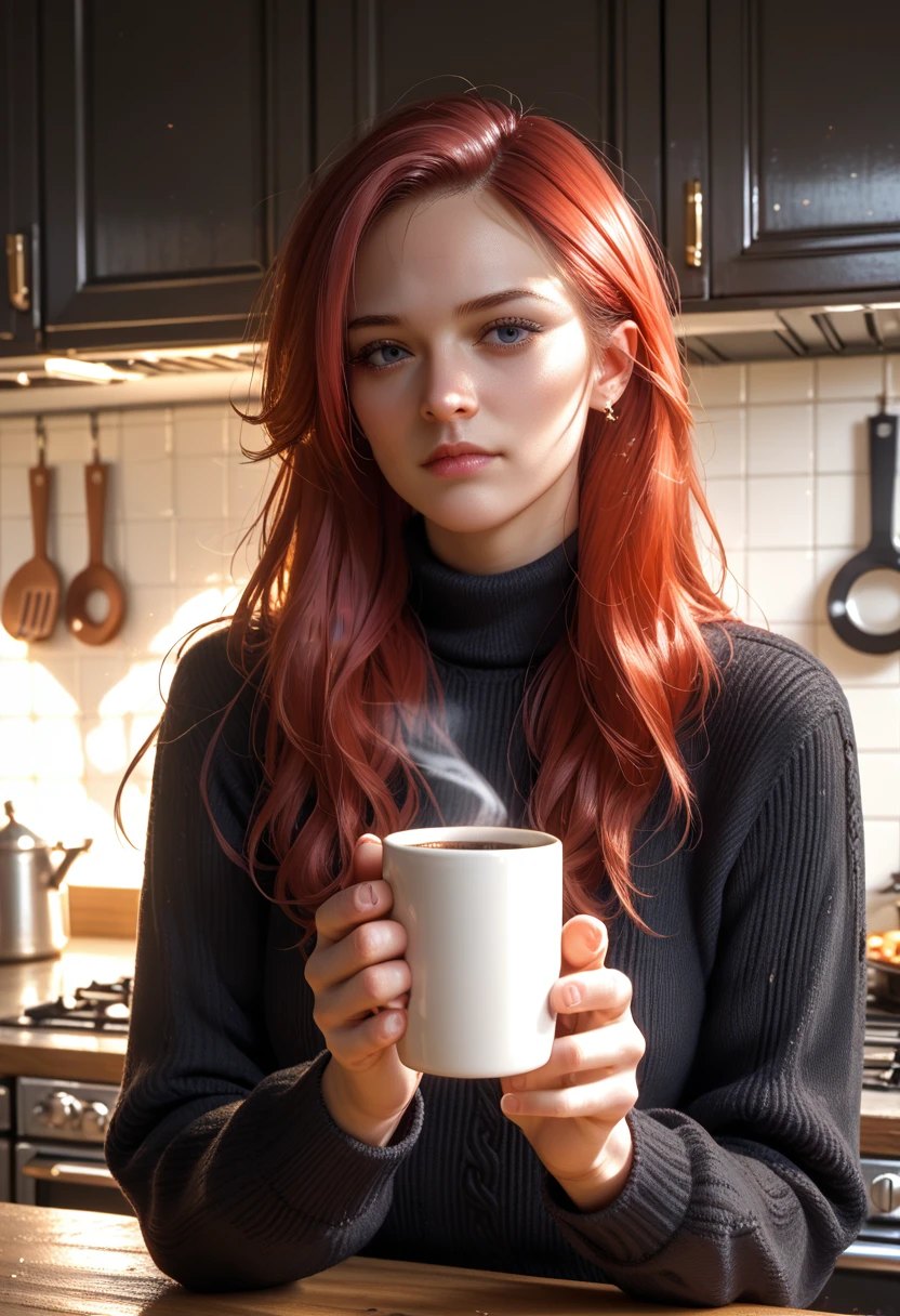 Close-up, portrait, LeannaDecker, ((wear a sweater)), inside, portrait, kitchen, holding a coffee mug, winter fire, eyes are open, Best quality, upper body, Photo by Lee Jeffries Nikon D850 4 Camera Kodak 400 f1.6 lenses rich colors hyper-realistic realistic textures natural lighting unreal engine trending on artstation cinestill 800, (Lens 100mm), long hair,, Red hair 