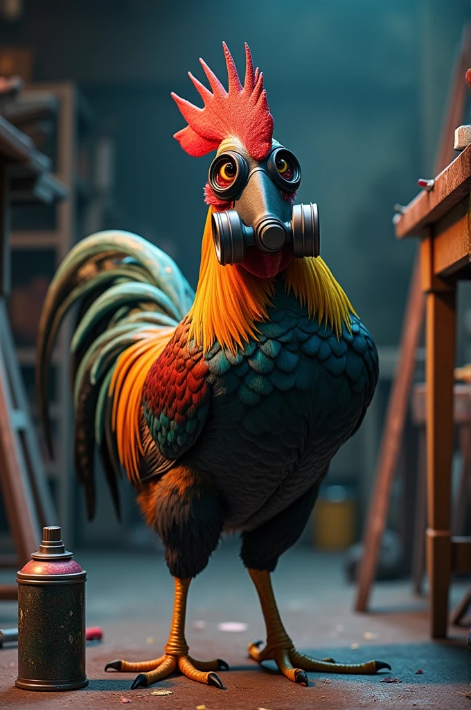 A rooster, spray painting a piece of furniture with a gas mask