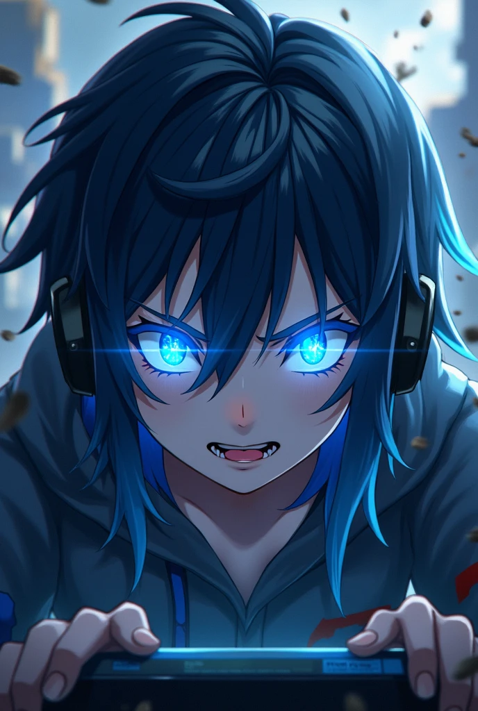 Gaming channel,a competitive player,eye were blue spark, background were in war,anime