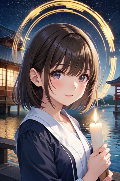 anegasaki nene、Shiny brown hair, short hair, (Beautiful brown eyes、Sparkling eyes, Fine grain)、smile、Ultra-detailed eyes、Highly detailed face, Highly detailed eyes,Cowboy Shot、
Nightscape inspired by Japanese art, 提灯で照らされた庭園と静かな湖にかかるwood製の橋がある. The starry sky reflected on the water, Create a magical environment. On the shores of the lake, There is a small Zen temple lit by candles.., people々々A place where people々 come to meditate. wood々Leaves fluttering in the wind, Creates a calm and relaxing atmosphere.