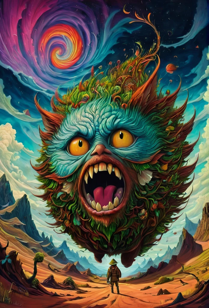 Fantasy illustration, psychedelic art depicting an illusory, disturbed, abstract, ephemeral, elusive and unstable visual narrative, digital painting, mesmerizing and highly detailed, vivid colors, surrealism, psychedelic background, intricate details, 3D rendering, oil painting, delicate, octane rendering. Hayao Miyazaki style., in the style of esao andrews,potma style,esao andrews style
